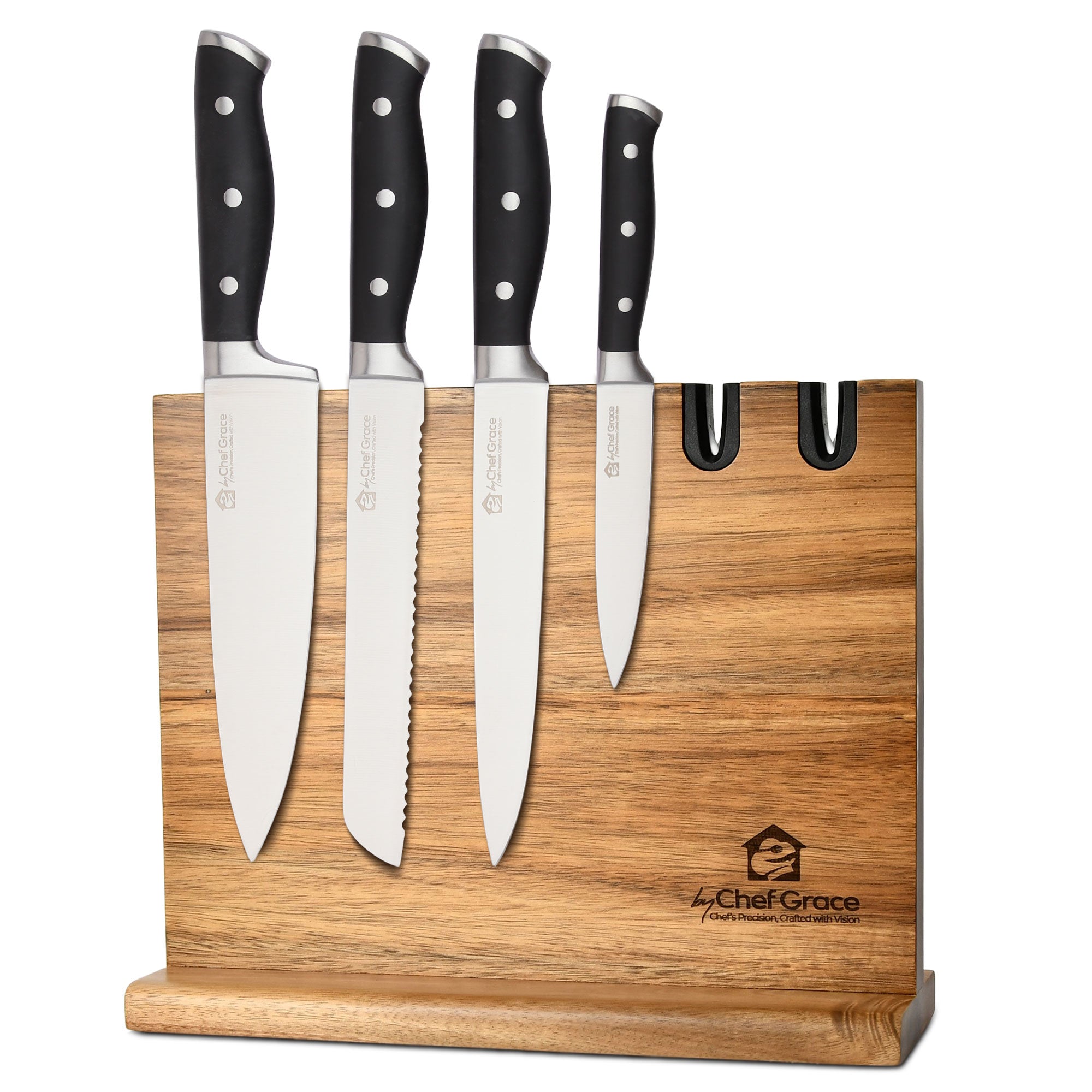 Acacia Wood Magnetic Knife Holder + Sharpener.