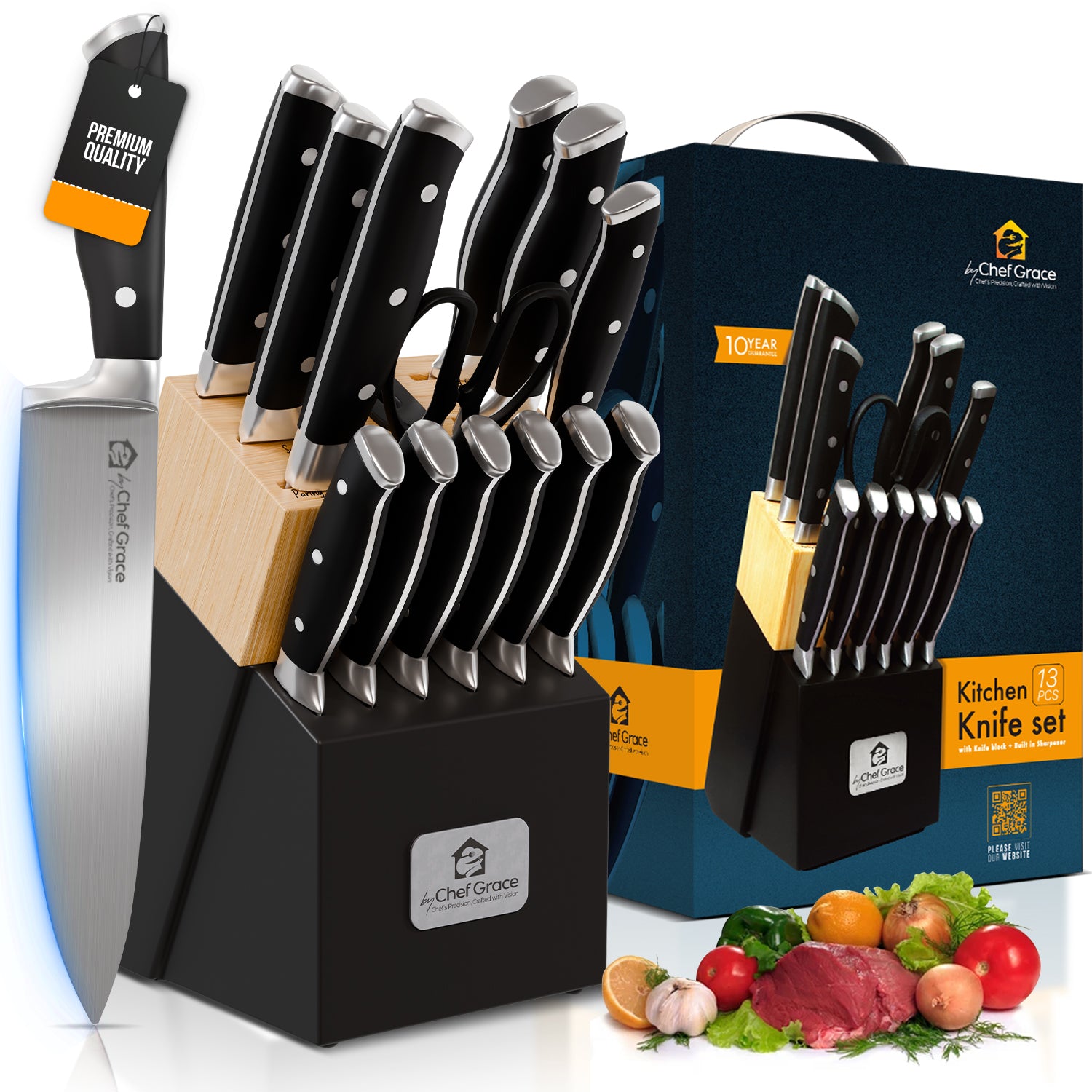 13pc Kitchen Knife Set with Wooden Block + Built in Sharpener.